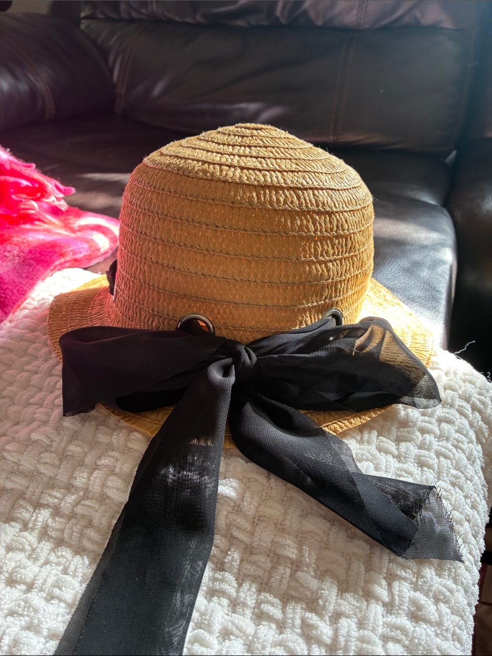 Wide-Brim Straw Sun Hat with Black Bow - Women Accessories